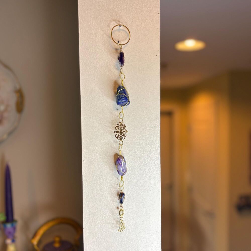 Purple Dyed Agate, Amethyst and Lapis Lazuli Wall Hanging, Gemstone Suncatcher